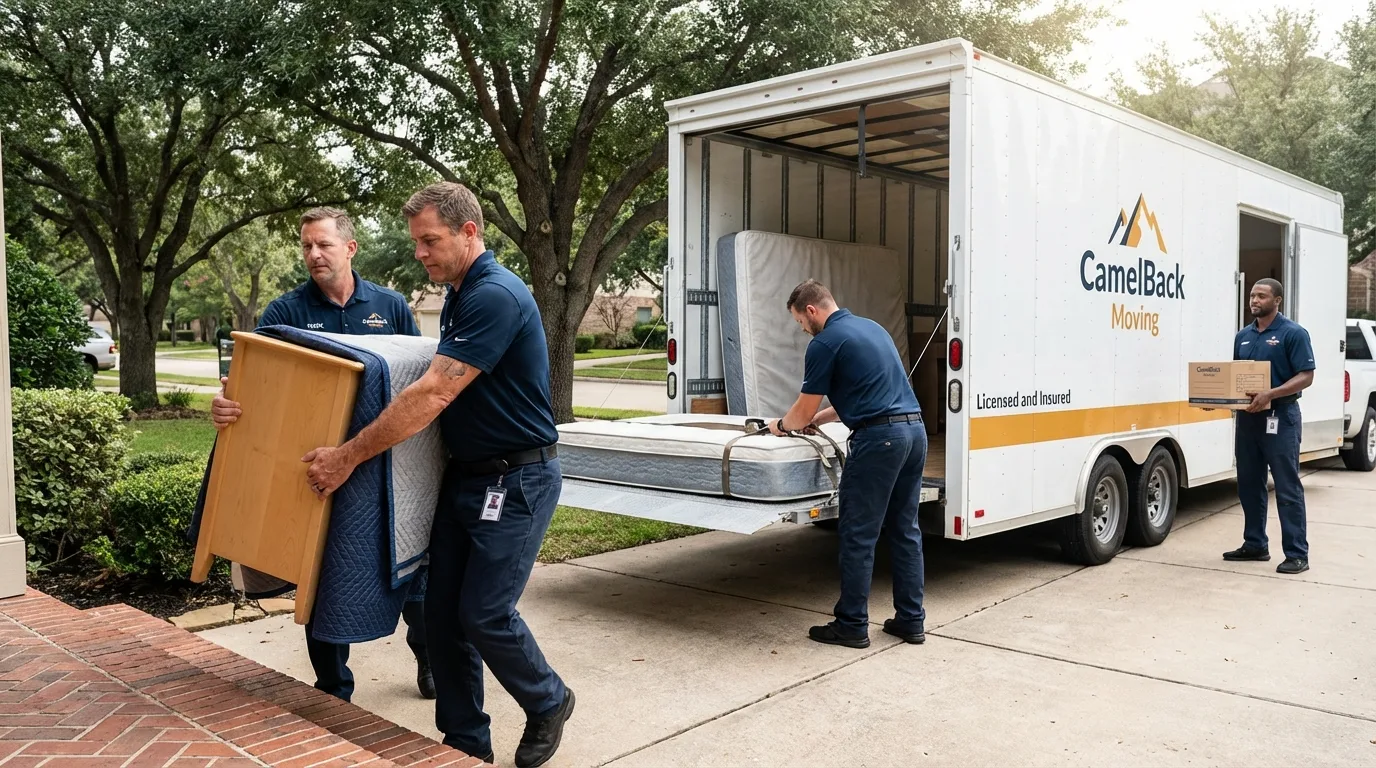 Crew loading residential truck for cross-state move from Mukwonago, WI