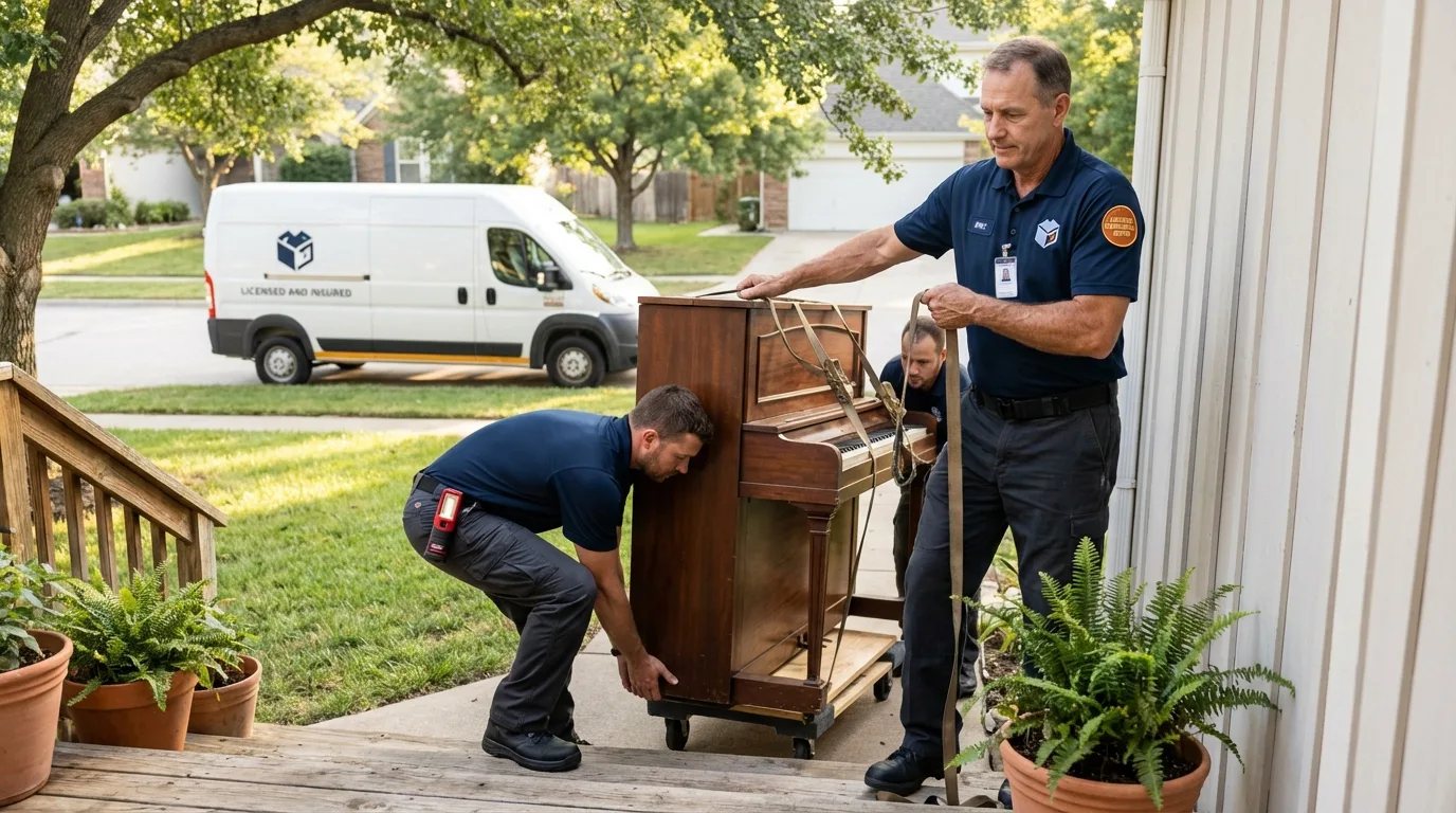 Licensed piano movers securing grand piano in Mukwonago, WI