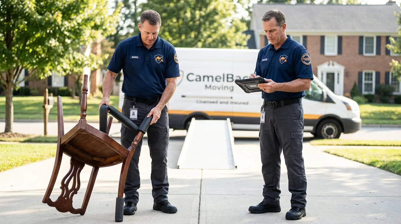 Movers inspecting furniture for damage prevention before loading in Mukwonago, WI