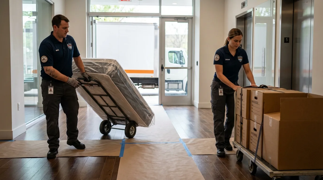 Professional apartment movers loading elevator in Mukwonago, WI